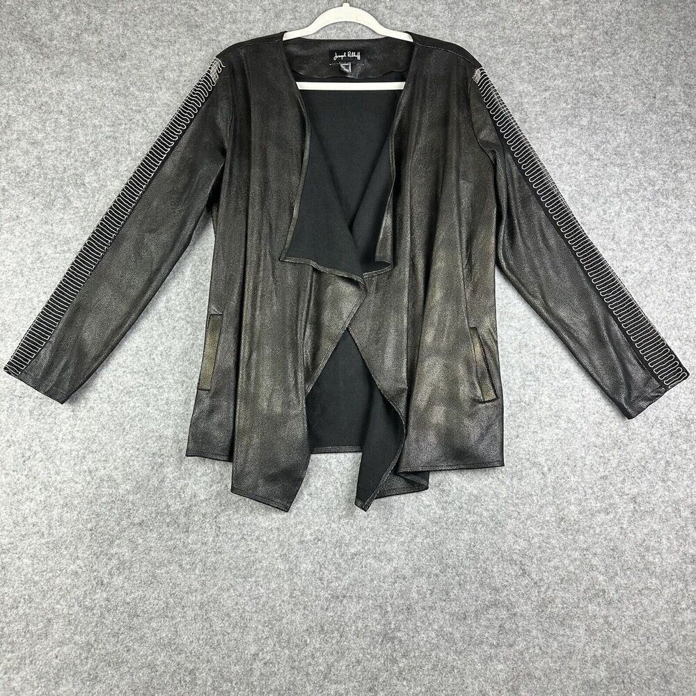 Joseph Ribkoff Faux Leather Cover Up Cardigan Womens 10 Black Beaded Sheer Edgy